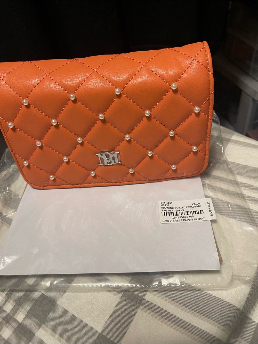 Badgley Micshka Pearl Bag Quilted Pearl Accent Crossbody Bag - Coral